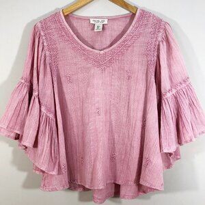 RACHEL ZOE Dusty Rose Ruffle Bell Sleeve Boho Embroidered V-Neck Top S